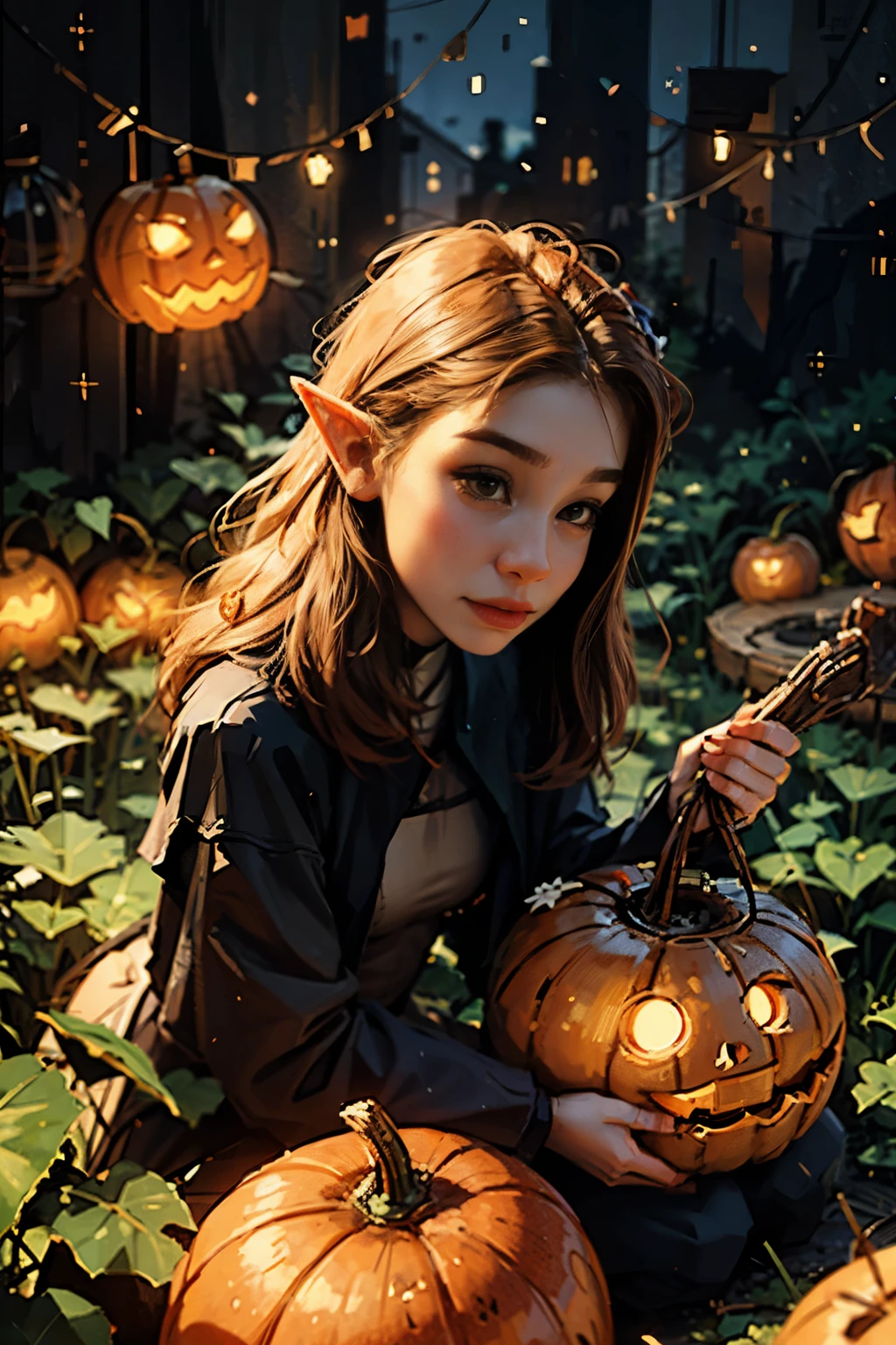 Beautiful elf holding a pumpkin lantern