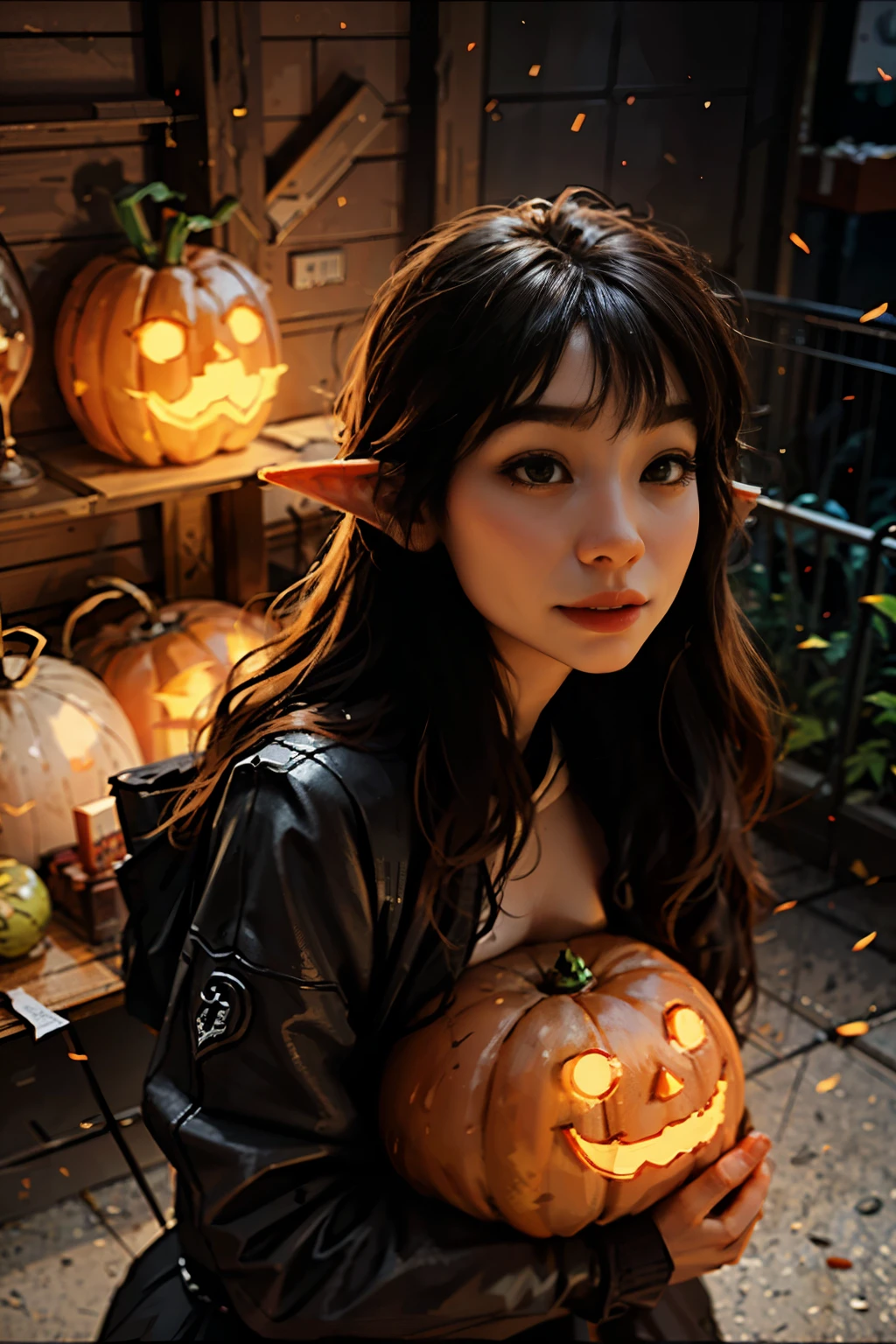 Beautiful elf holding a pumpkin lantern