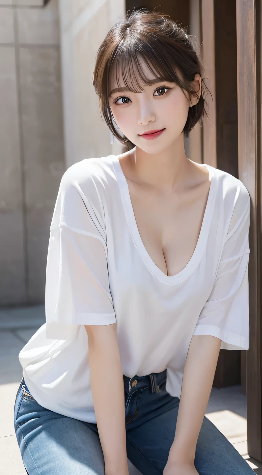Innocent 20 year old girl、((Oversized white T-shirt,Dramatic poses)),Smile,short-cut,Park background、Raw photo, (8K、top-quality、masterpiece:1.2)、(intricate detailes:1.4)、(Photorealsitic:1.4)、octane renderings、Complex 3D rendering ultra detail, Studio Soft Light, Rim Lights, vibrant detail, super detailing, realistic skin textures, Detail Face, Beautiful detail eyes, Very detailed CG Unity 16k wallpaper, make - up, (detailedbackground:1.2), shinny skin, Full body、From head to thigh、cleavage of the breast,((Sit with your legs open、Put your hands on the ground))