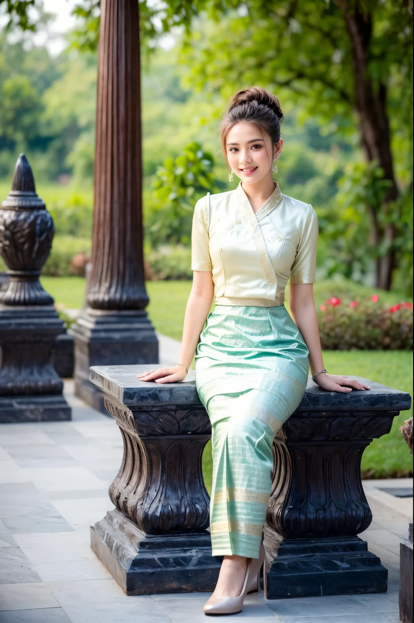 1 girl, wearing Traditional Burmese Wedding Outfits, sitting on garden in Mandalay Palace, flowers, perfect face and body, Amazing Perfect breasts, Short Hair, Orange Brown Color Hair, Amazing Perfect Portrait pose, realistic, 4k, soft skin, soft light, detailed skin texture.