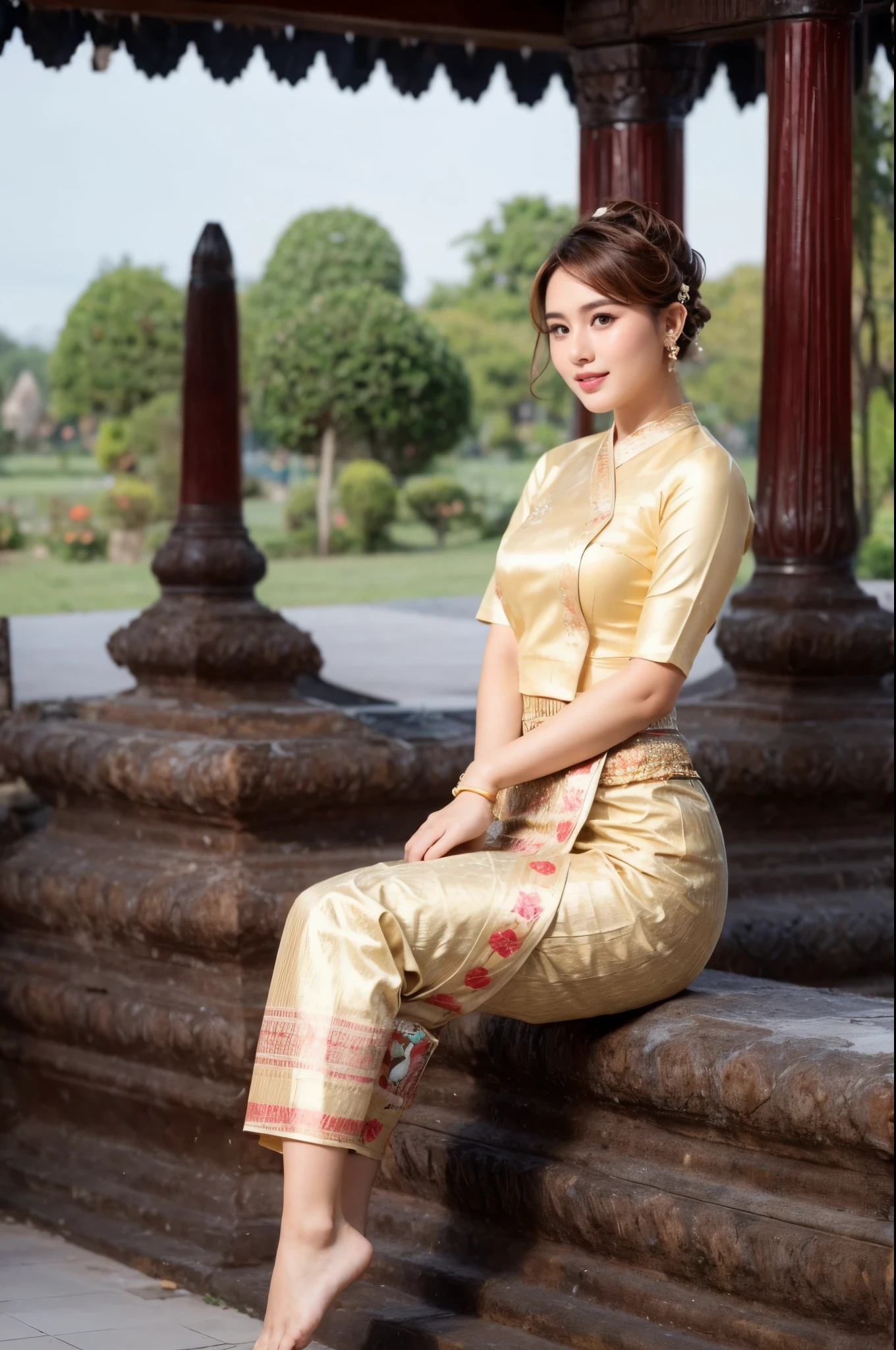 1 girl, wearing Traditional Burmese Wedding Outfits, sitting on garden in Mandalay Palace, flowers, perfect face and body, Amazing Perfect breasts, Short Hair, Orange Brown Color Hair, Amazing Perfect Portrait pose, realistic, 4k, soft skin, soft light, detailed skin texture.