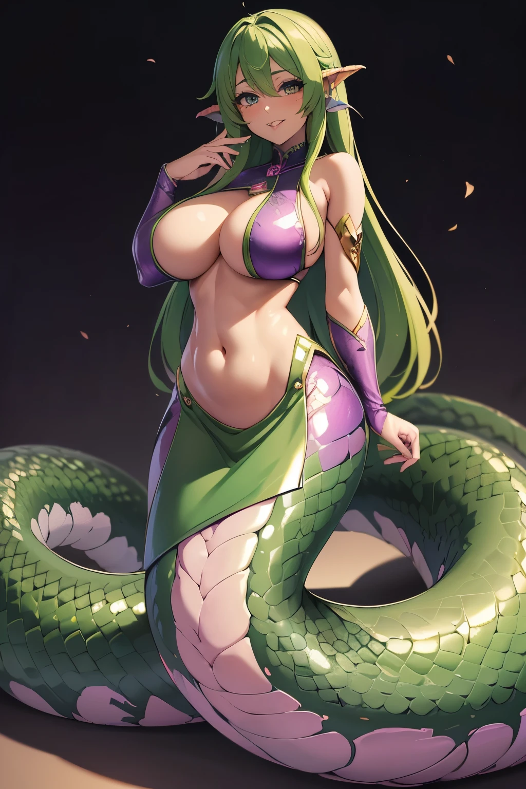 masterpiece, best quality, highres, focus, anime style lamia, full body of anime lamia girl, anime image, long hair, green hair, spiral eyes, exotic, lamia, copper colored scales, colored belly, fantasy, mature, seductive expression, long tongue, purple clothes, skimpy clothes