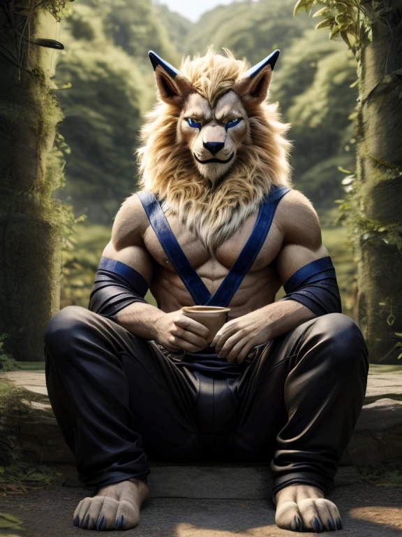 
A majestic Leomon with orange and yellow fur, hypnotized and barefoot, sits in the midst of nature, its long pants and black kimono contrasting against the lush greenery. Its paws, with short claws and visible pawpads, are spread wide as it gazes into the distance with a serene expression.