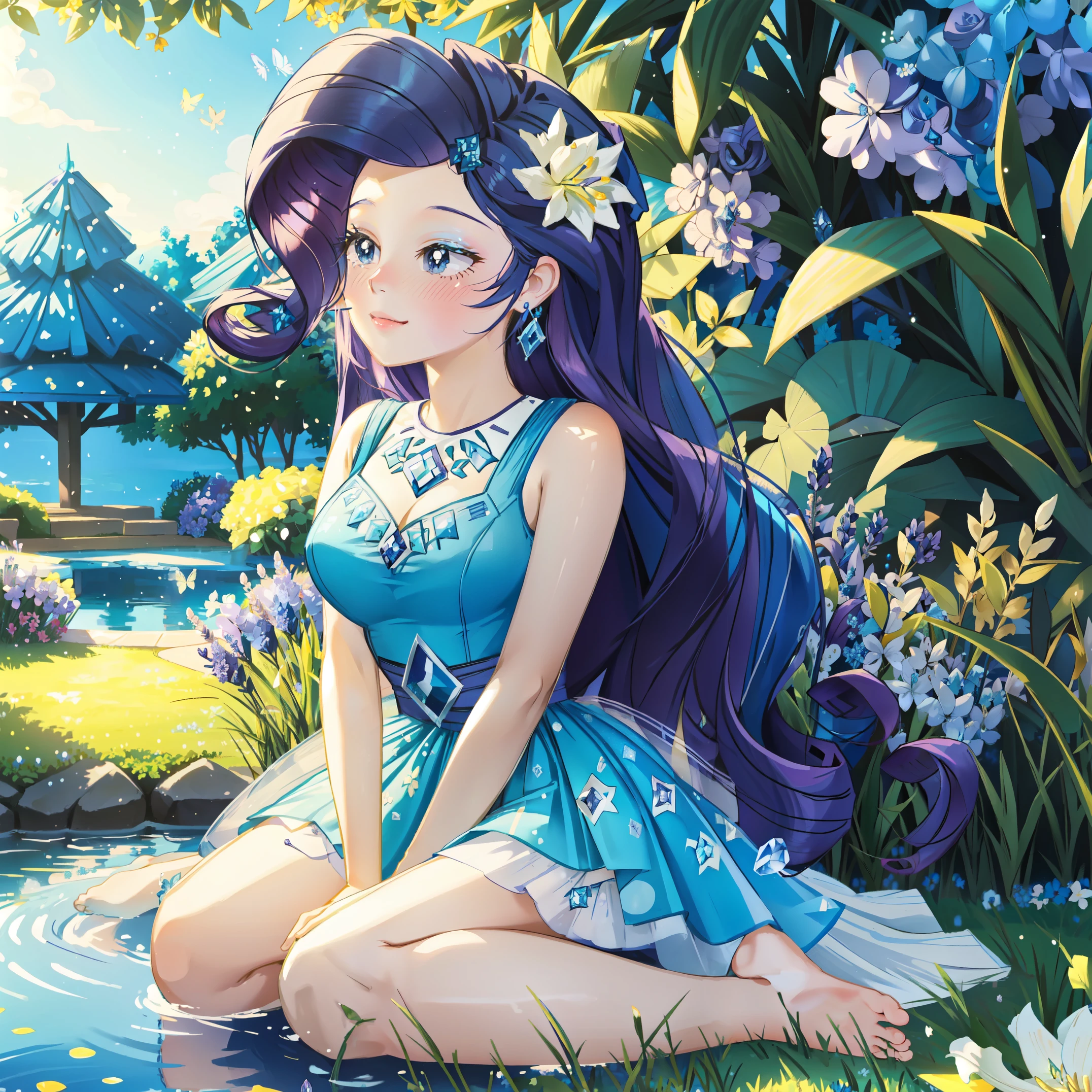 Rarity, rarity from my little pony, rarity in the form of a girl, lushes breast, curvy hips, dark purple curly hair, blue oceanic eyes, barefoot, white and blue dress, in a mythical garden, ethereal garden, sitting down on grass, waterfall, blue and white flowers everywhere, diamonds earrings, soft decent smile lavender flowers, lily pads on the river, day time, anime sky, beautiful glowing white and blue butterflies, flowers everywhere, leaf vines, clear blue sky, bright day, highly detailed lighting, yellow pour light, ( captivating blue garden ), blue flower, soft atmosphere