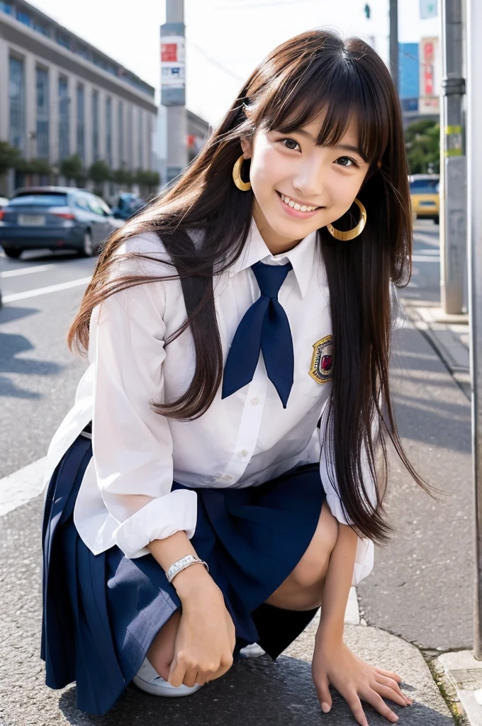 a Japanese girl, cute, long hair, uniform, smile, earrings, windy,
squatting, spread legs, (from below:1.3),
metropolitan street,