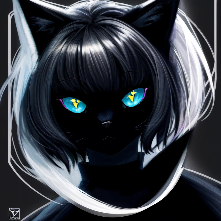 Black cat face logo design, graphic design,cartoon, drawing in bright siver metal color background