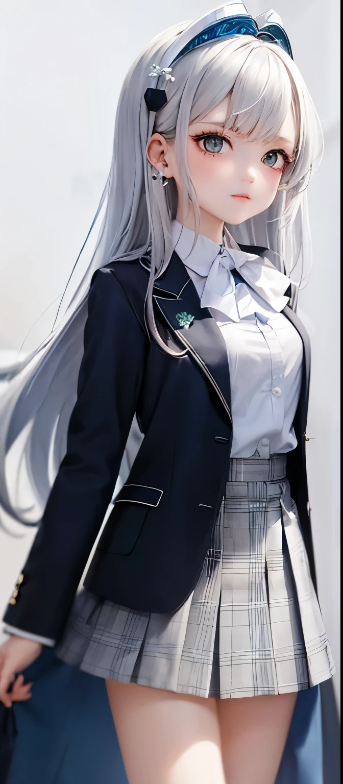 1girl, (masterpiece:1.1), (best quality:1.1), (white blouse:1.1), (plaid skirt:1.1), school uniform, high waist skirt, BREAK [blue:pink:0.5] theme, (gradient background:1.1 ), cowboy shot, BREAK silver hair, long hair,, green eyes, delicate headgear, looking sideways,