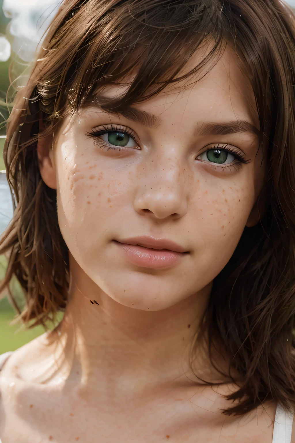 photo of beautiful age 21 girl, brunette hair, freckles sexy, green eyes, beautiful, close up, young, dslr, 8k, 4k, ultrarealistic, realistic, natural skin, textured skin