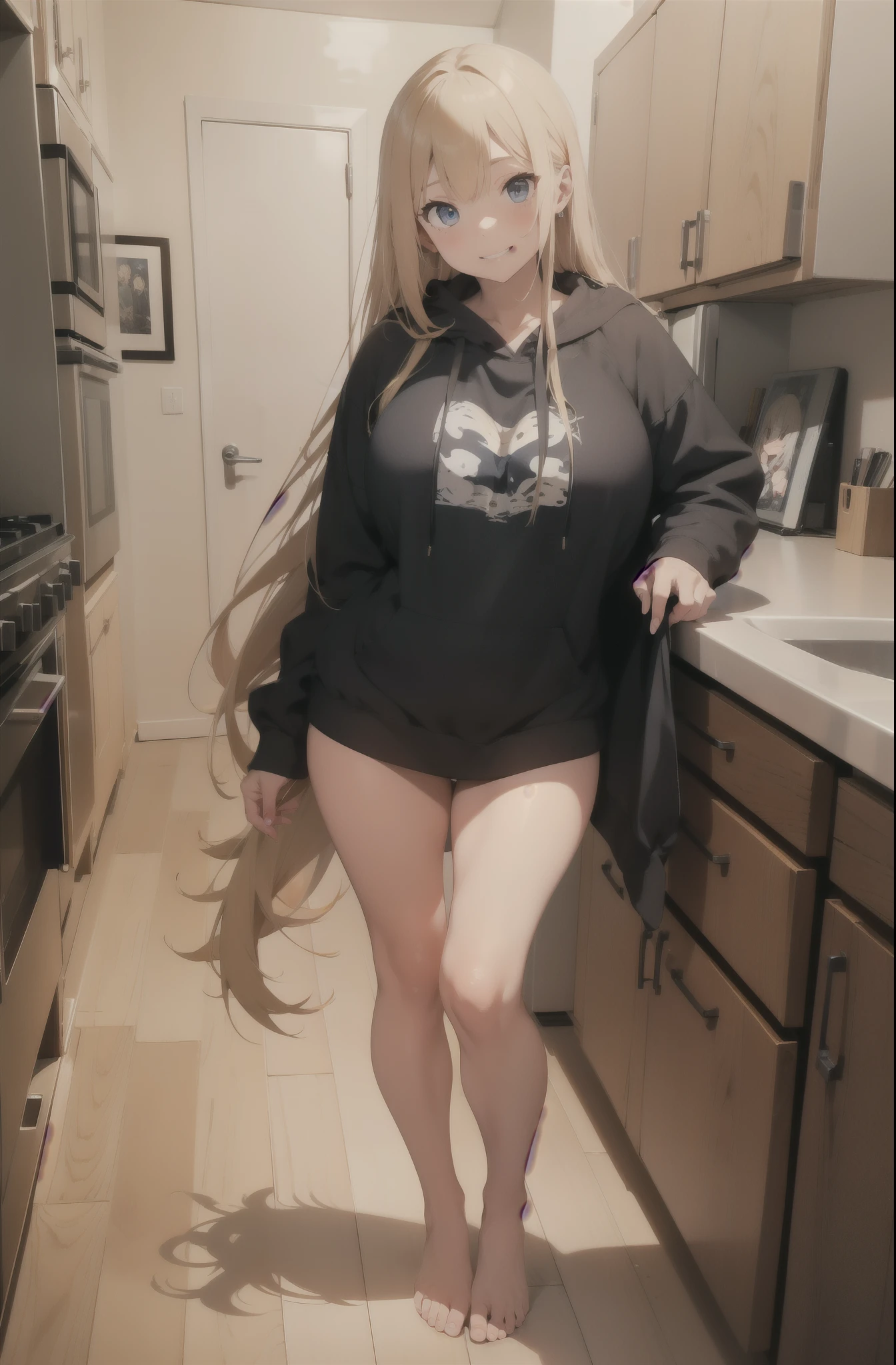 (masterpiece), extremely detailed, ultra detailed, best quality, expressive eyes dark blue, perfect face, blonde hair, side bangs, middle bangs, full body, perfect anatomy, Huge Boobs, standing in kitchen, wearing only an oversized black hoodie long blonde hair, cheerful smile, bare legs, barefoot, (adult)