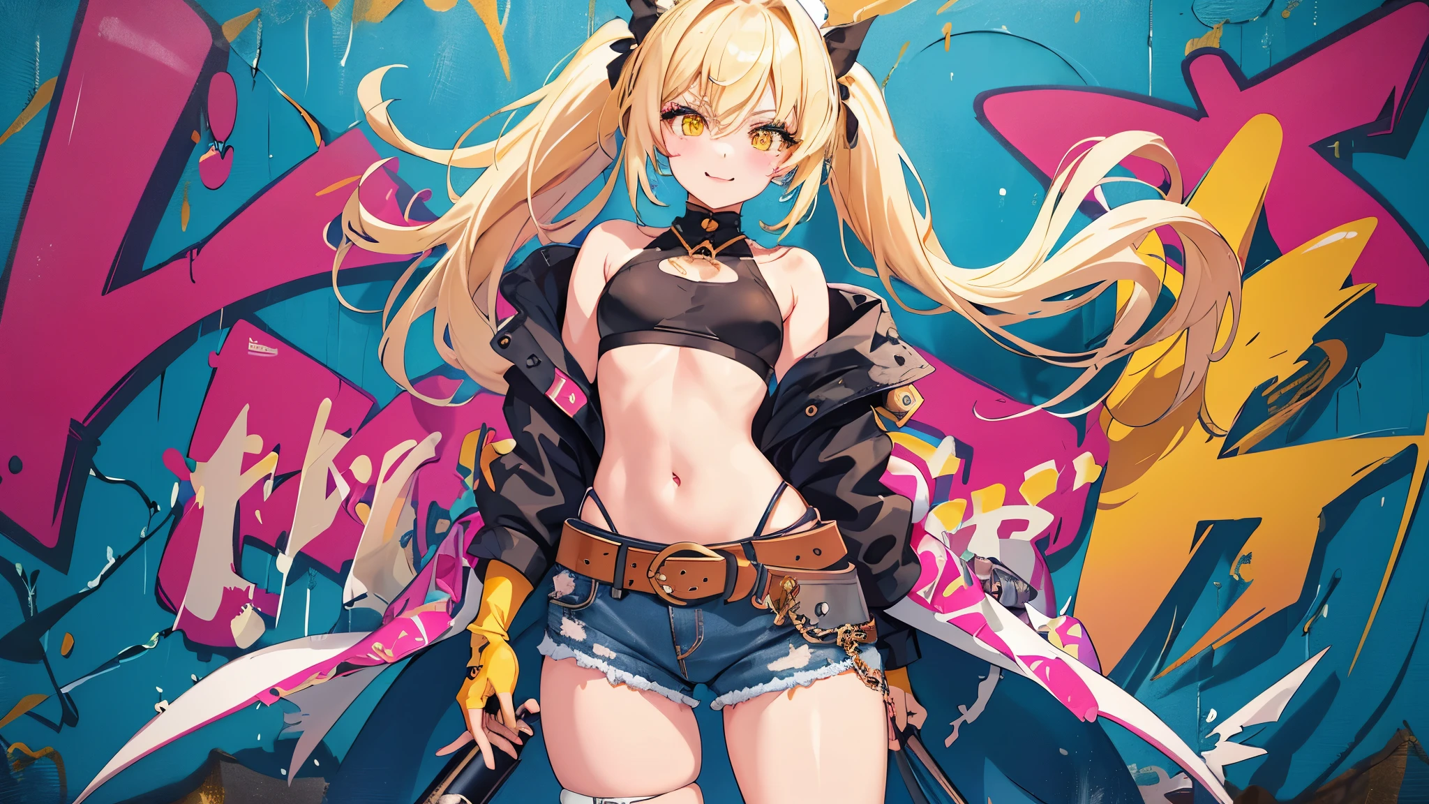 original character, volume lighting, best shadows, shallow depth of field, amazingly beautiful girl, small, Delicate Beautiful Attractive Face With Alluring Yellow Eyes, sharp eyebrows, A big smile, open your mouth, Fangs Out, nice medium chest, Layered Long Twintail Blond Hair, blush eyeshadow, thick eyelashes, Applejack Hat, Oversized Pop Jacket, Mini Underboob Tee, open the navel, slim waist, Denim Jeans Pants, with buckle belt, In The Graffiti Alley, Waste container, Outdoor staircase, Outdoor Unit, Holding Spray Paint Can, Are standing, (highest quality, amazing details:1.25), (alone:1.3), vivid colorful paintings、animeチンコ、anime、anime絵