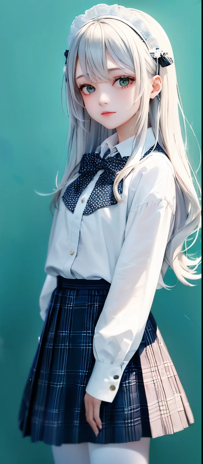 1girl, (masterpiece:1.1), (best quality:1.1), (white blouse:1.1), (plaid skirt:1.1), school uniform, high waist skirt, BREAK [blue:pink:0.5] theme, (gradient background:1.1 ), cowboy shot, BREAK silver hair, long hair,, green eyes, delicate headgear, looking sideways,