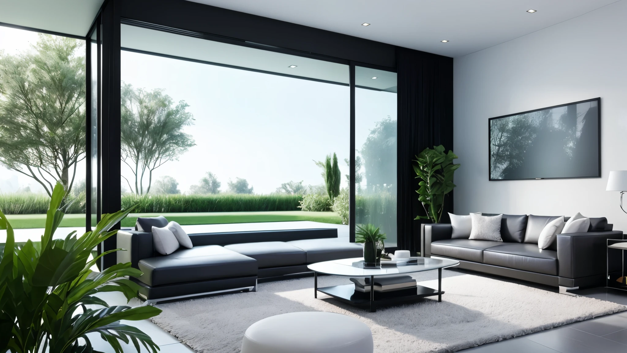 You are a famous interior designer、You have been asked to create a 3D image of a modern large room. Create a harmonious environment with modern and minimalist furniture. Including garden interior.