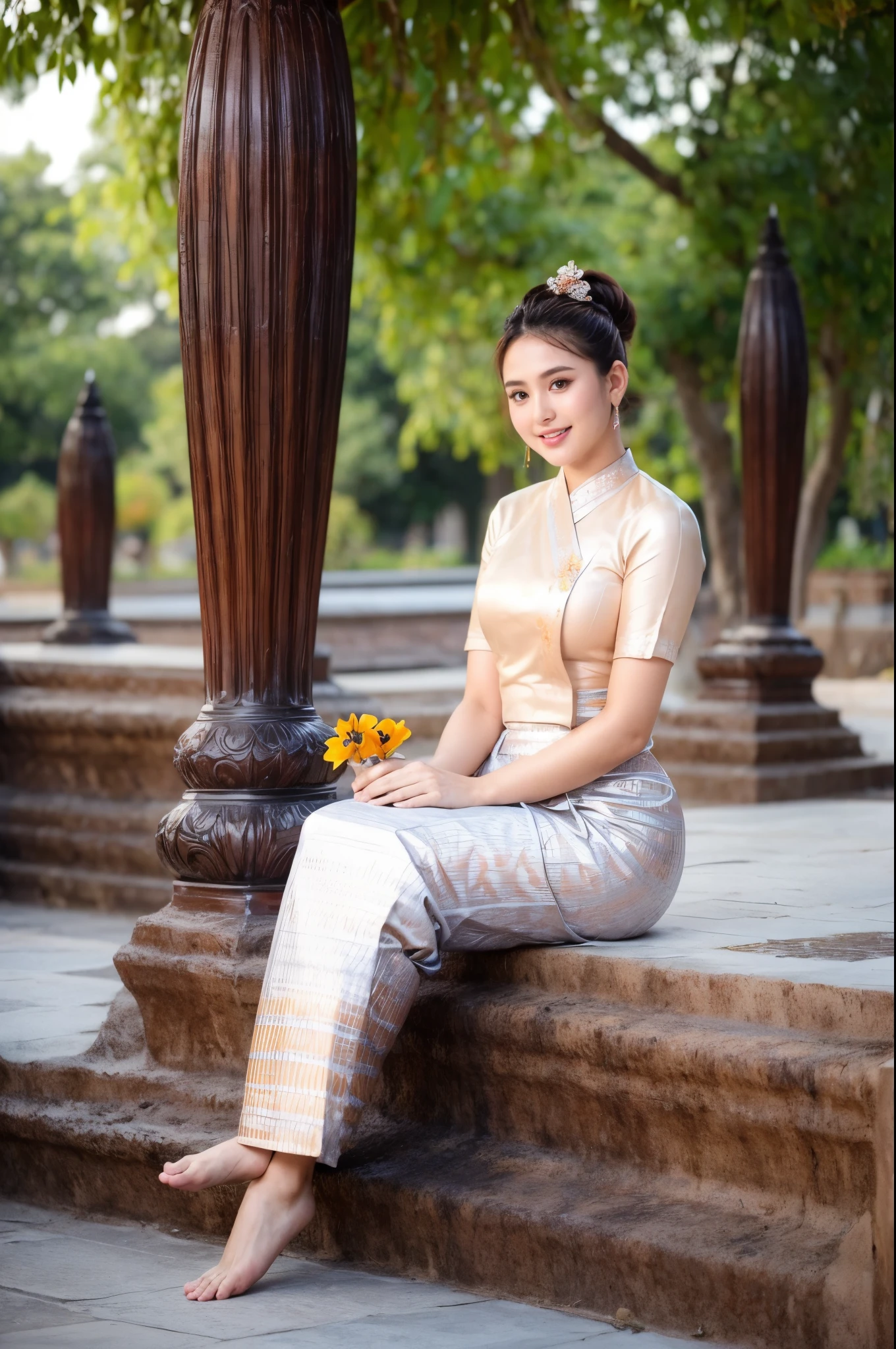 1 girl, wearing Traditional Burmese Wedding Outfits, sitting on garden in Mandalay Palace, flowers, perfect face and body, Amazing Perfect breasts, Short Hair, Orange Brown Color Hair, Amazing Perfect Portrait pose, realistic, 4k, soft skin, soft light, detailed skin texture.