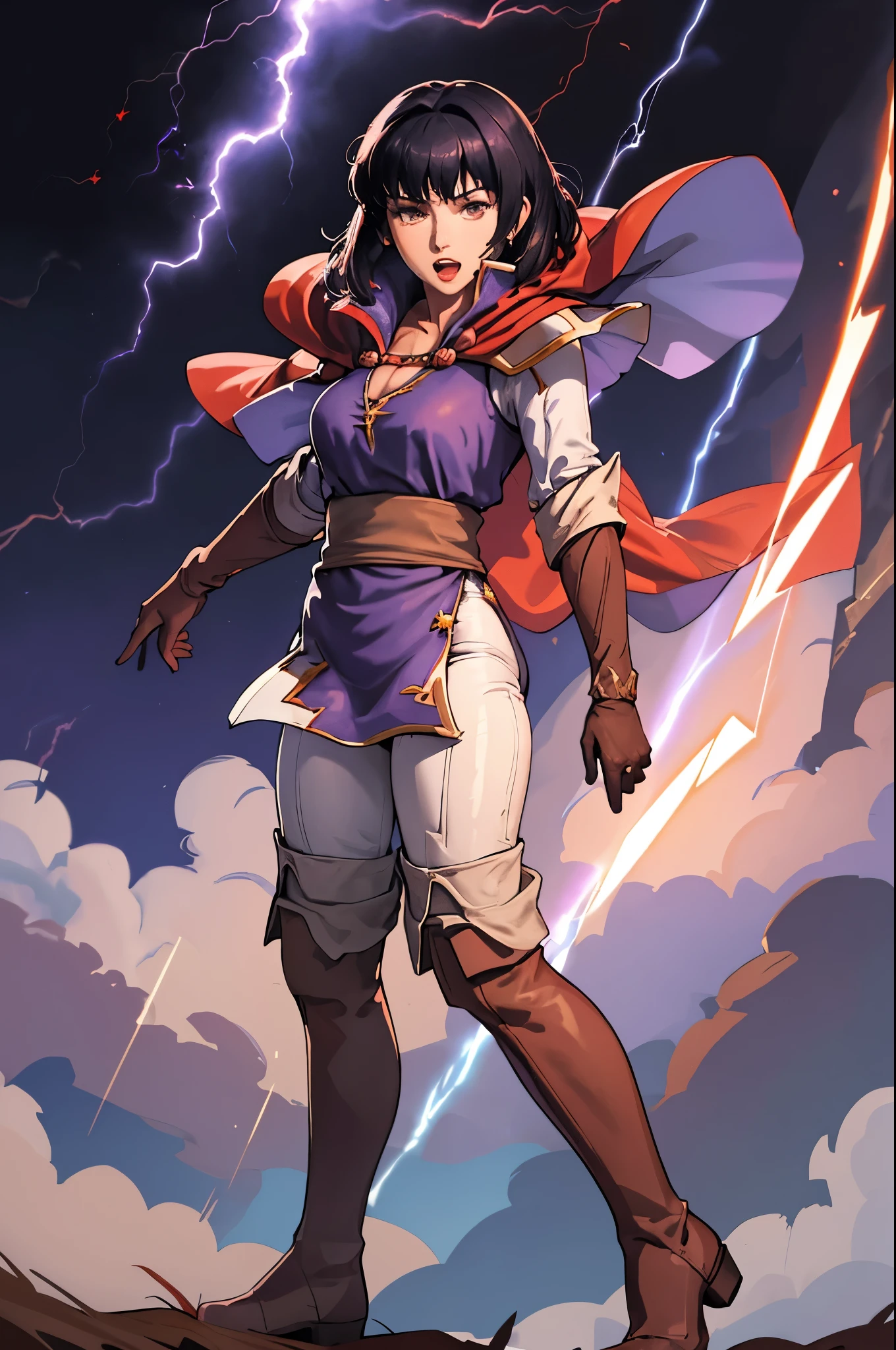 masterpiece, best quality, olwen, red cape, purple dress, sash, brown gloves, white pants, brown boots, conjuring lightning bolts, casting magic, field, furrowed brow, open mouth, clouds 