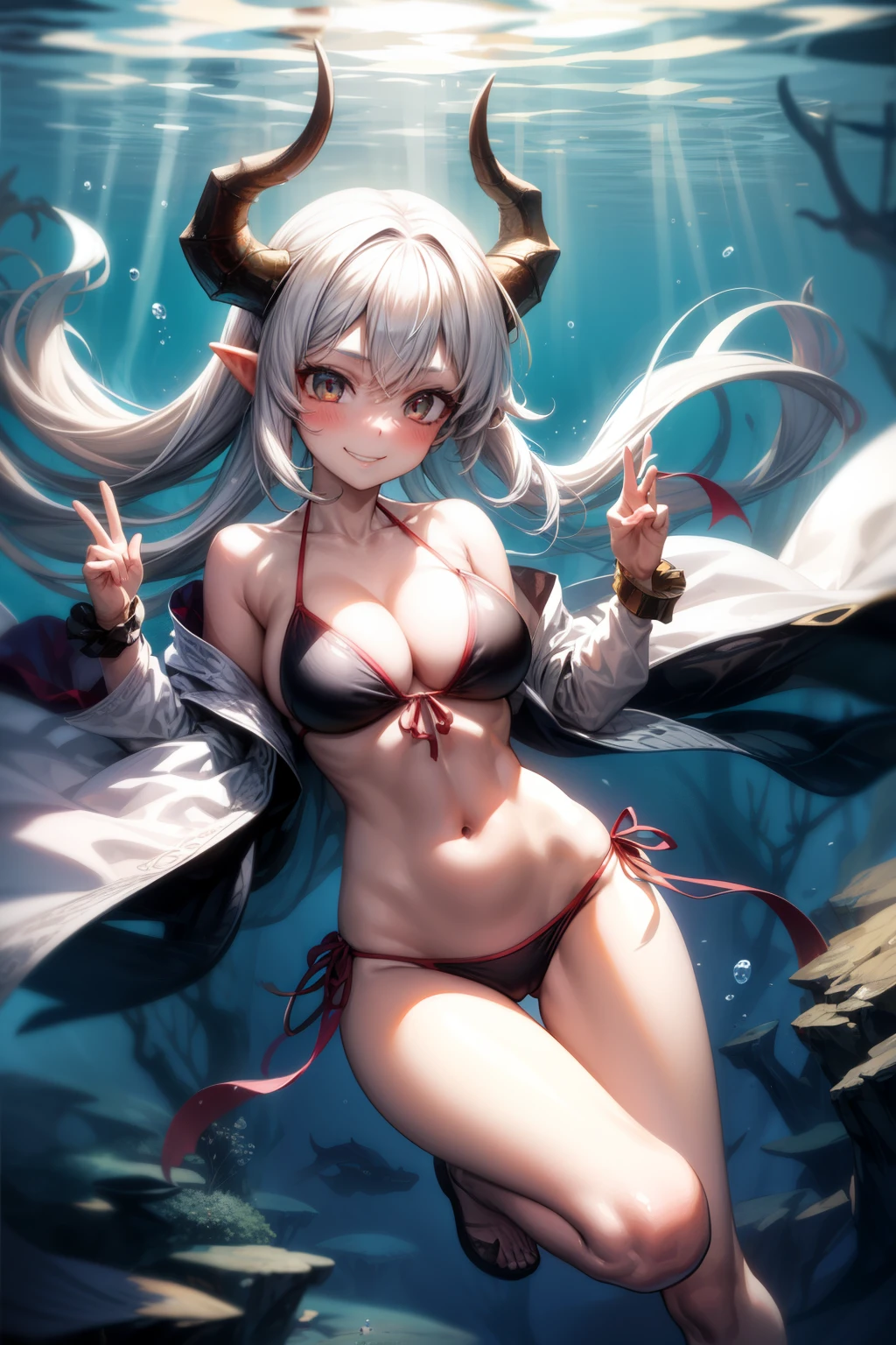 1girl,underwater, dragon horns,finear,shell bikini.smile,floating ,floating hair, dragon tail,