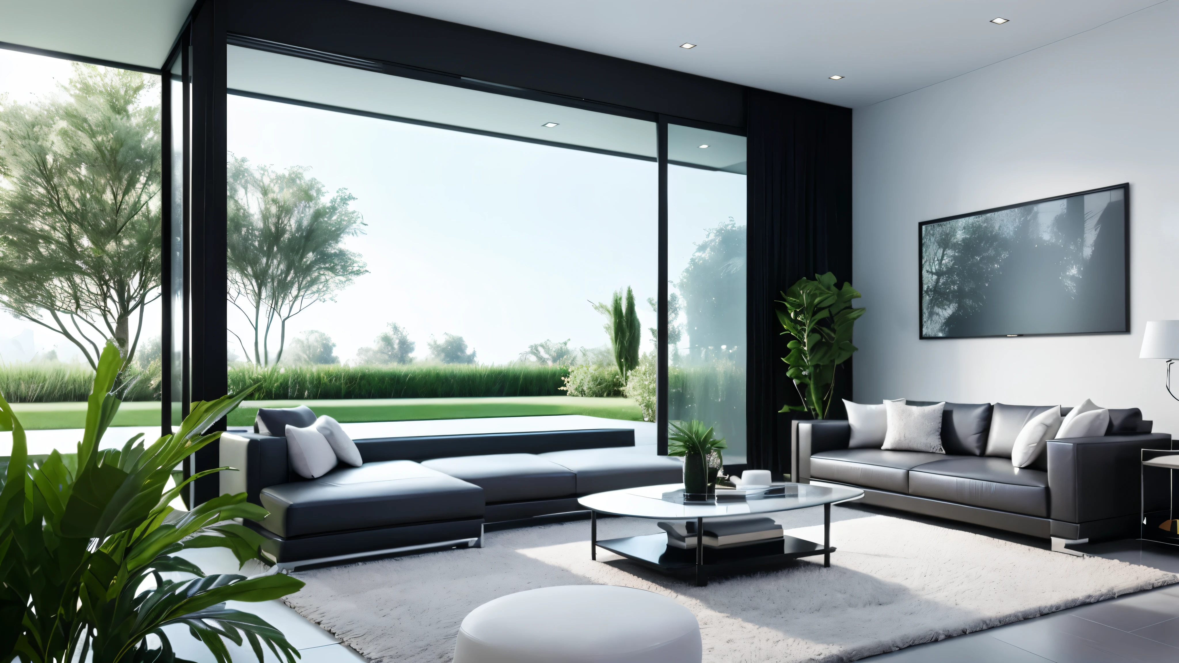 You are a famous interior designer、You have been asked to create a 3D image of a modern large room. Create a harmonious environment with modern and minimalist furniture. Including garden interior.