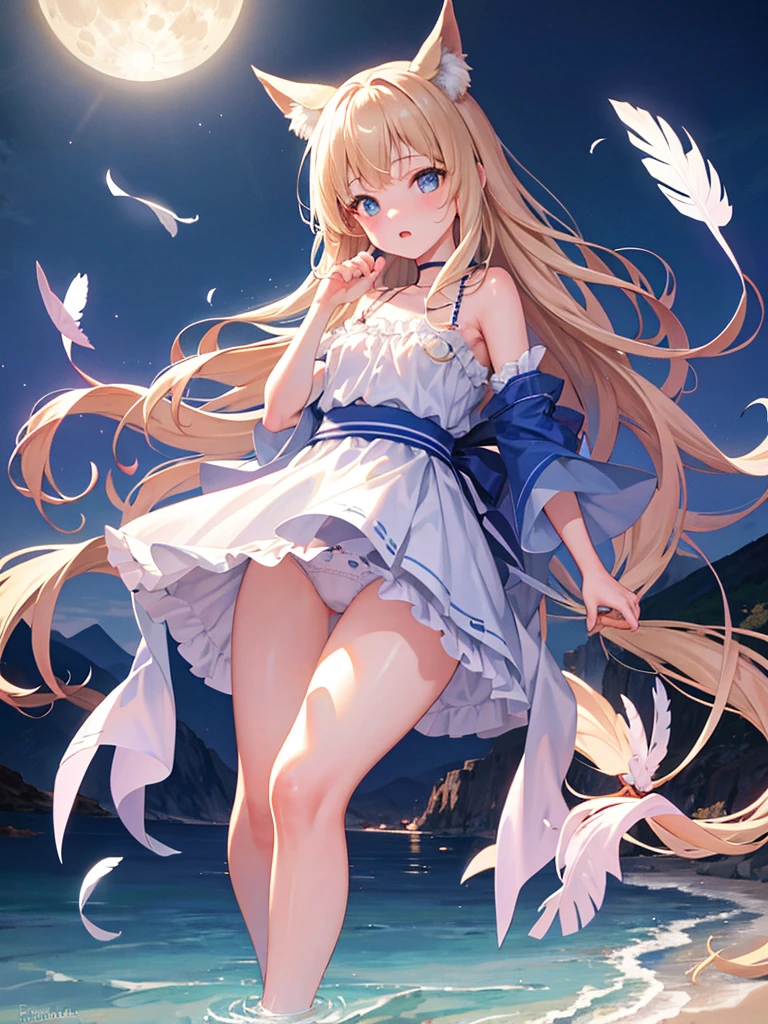 photo realistic, photo realistic, photo realistic, (masterpiece,best quality:1.4),(8k,raw photo,photo realistic:1.2),Not Safe for Work, detailed skin,detailed face,1girl,Japanese idol,cute face,Child,petite, Girl Standing On Water、blonde、Wavy Hair、blue eyes、semi-long、panty shot、white panties、underwear姿、underwear、Panmoro、beautiful eyes、Sparkling、Eyes that seem to be sucked in、Standing Girl、one girl、１４age、Beautiful scenery、moonlight、A very big moon、Beautiful starry sky、shooting star、high resolution、night view、The Lost City、barefoot、whole body、Scattering Flowers、Hanabubuki、pretty fingers、beautiful feet、small breasts、girl in return、broken town、Fluttering feathers、frills、画面全体がSparkling、Lots of feathers、fantasy、mysterious、Face、upper body up、rainbow light、zoom in、Clean mountains、countless stars、Countless lights、