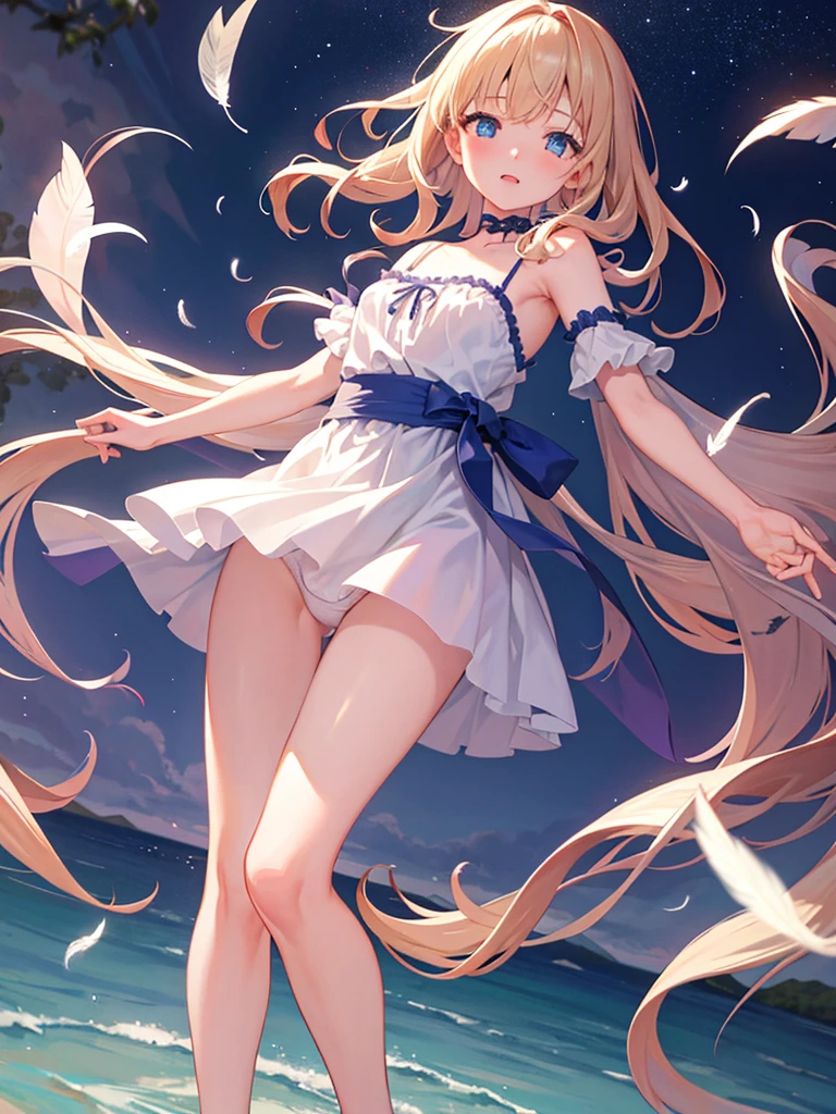 photo realistic, photo realistic, photo realistic, (masterpiece,best quality:1.4),(8k,raw photo,photo realistic:1.2),Not Safe for Work, detailed skin,detailed face,1girl,Japanese idol,cute face,Child,petite, Girl Standing On Water、blonde、Wavy Hair、blue eyes、semi-long、panty shot、white panties、underwear姿、underwear、Panmoro、camisole、beautiful eyes、Sparkling、Eyes that seem to be sucked in、Standing Girl、one girl、14age、Beautiful scenery、moonlight、A very big moon、Beautiful starry sky、shooting star、high resolution、night view、The Lost City、barefoot、whole body、Scattering Flowers、Hanabubuki、pretty fingers、beautiful feet、small breasts、girl in return、broken town、Fluttering feathers、frills、画面全体がSparkling、Lots of feathers、fantasy、mysterious、Face、upper body up、rainbow light、zoom in、Clean mountains、countless stars、Countless lights、