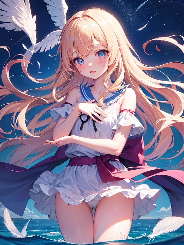 photo realistic, photo realistic, photo realistic, (masterpiece,best quality:1.4),(8k,raw photo,photo realistic:1.2),Not Safe for Work, detailed skin,detailed face,1girl,Japanese idol,cute face,Child,petite, Girl Standing On Water、blonde、Wavy Hair、blue eyes、semi-long、panty shot、white panties、underwear姿、underwear、Panmoro、camisole、beautiful eyes、Sparkling、Eyes that seem to be sucked in、Standing Girl、one girl、14age、Beautiful scenery、moonlight、A very big moon、Beautiful starry sky、shooting star、high resolution、night view、The Lost City、barefoot、whole body、Scattering Flowers、Hanabubuki、pretty fingers、beautiful feet、small breasts、girl in return、broken town、Fluttering feathers、frills、画面全体がSparkling、Lots of feathers、fantasy、mysterious、Face、upper body up、rainbow light、zoom in、Clean mountains、countless stars、Countless lights、