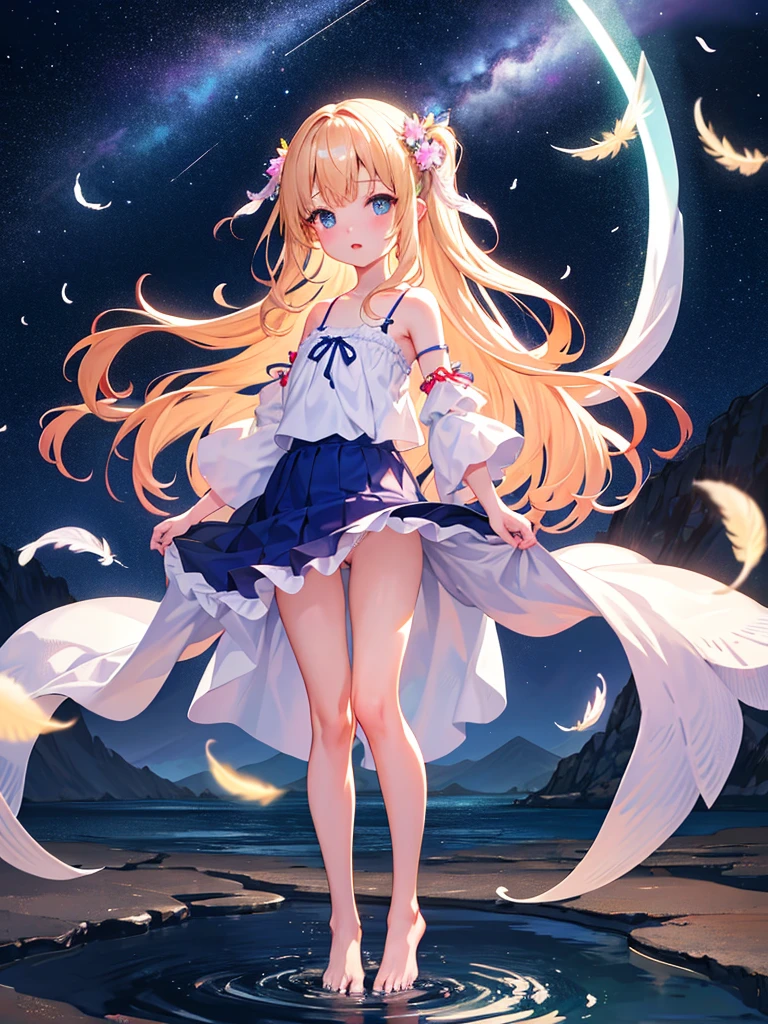 photo realistic, photo realistic, photo realistic, (masterpiece,best quality:1.4),(8k,raw photo,photo realistic:1.2),Not Safe for Work, detailed skin,detailed face,1girl,Japanese idol,cute face,,petite, Girl Standing On Water、blonde、Wavy Hair、blue eyes、semi-long、panty、white panties、un姿、underwear、Panmoro、camisole、beautiful eyes、Sparkling、Eyes that seem to be sucked in、Standinrl、one girl、14age、Bl scenery、moonlight、A very big moon、Beautiful starry sky、shooting star、high resolution、night view、The Lost City、barefoot、whole body、Scattering Flowers、Hanabubuketty fingers、beautiful feet、small breasts、girl in return、broken totering feathers、frills、画面全体がSparkling、Lots of feathers、fantasy、mysterious、Face、upper body up、rainbow light、zoom in、Clean mountains、countless stars、Countless lights、