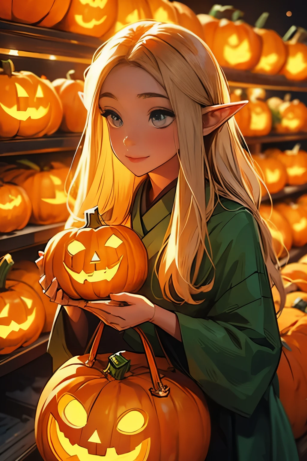 Beautiful elf holding a pumpkin lantern