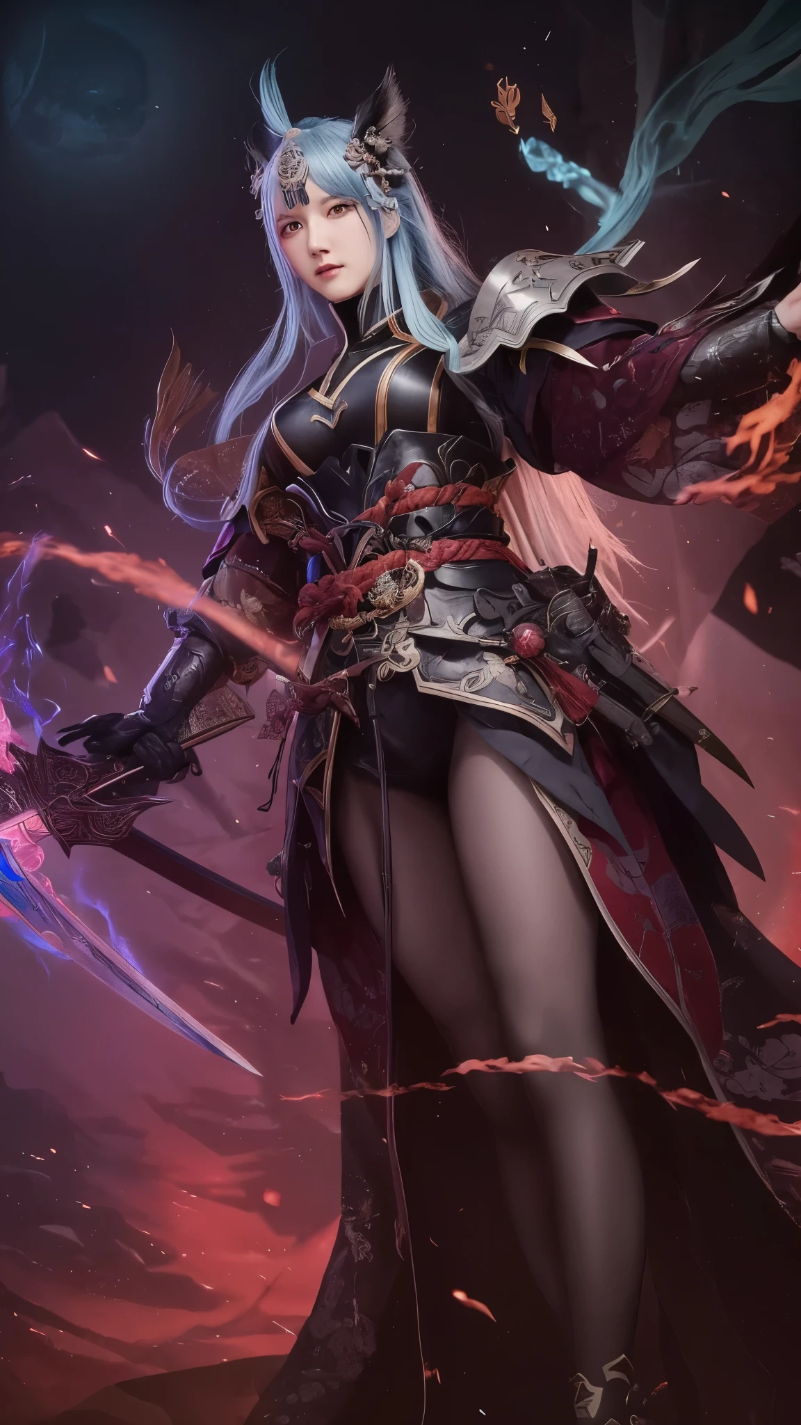 a woman in armor holding a sword and a sword, by Yang J, onmyoji detailed art, extremely detailed artgerm, wlop and sakimichan, by Ju Chao, shadowverse style, by Yang Jin, ayaka genshin impact, by Leng Mei, onmyoji, rossdraws sakimimichan, wlop rossdraws