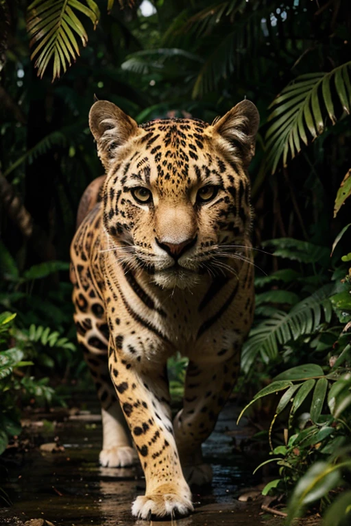 Create a majestic and imposing image of a jaguar, a rainha das selvas americanas. Highlight your striking features, as manchas intrincadas que adornam sua pelagem dourada, and the piercing eyes that reflect the strength and cunning of wild nature. In a lush jungle setting, Capture the fierce elegance and magnificent presence of this powerful feline, embodying the indomitable essence of wildlife