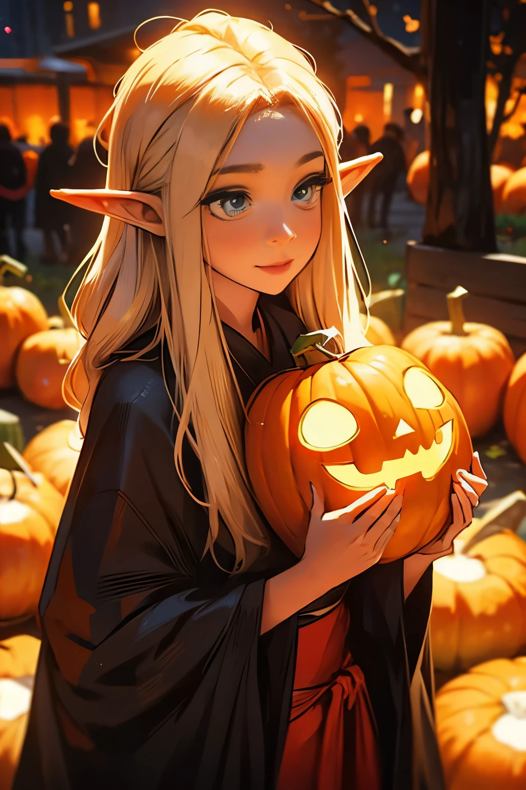 Beautiful elf holding a pumpkin lantern