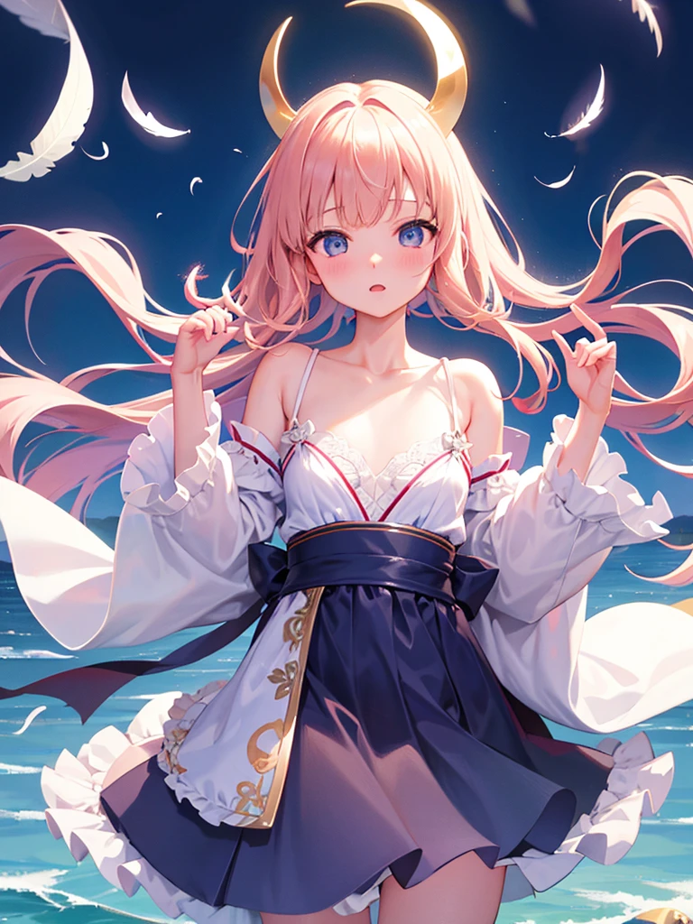 photo realistic, photo realistic, photo realistic, (masterpiece,best quality:1.4),(8k,raw photo,photo realistic:1.2),Not Safe for Work, detailed skin,detailed face,1girl,Japanese idol,cute face,Child,petite, Girl Standing On Water、blonde、Wavy Hair、blue eyes、semi-long、panty shot、white panties、underwear姿、underwear、Panmoro、camisole、beautiful eyes、Sparkling、Eyes that seem to be sucked in、Standing Girl、one girl、14age、Beautiful scenery、moonlight、A very big moon、Beautiful starry sky、shooting star、high resolution、night view、The Lost City、barefoot、whole body、Scattering Flowers、Hanabubuki、pretty fingers、beautiful feet、small breasts、girl in return、broken town、Fluttering feathers、frills、画面全体がSparkling、Lots of feathers、fantasy、mysterious、Face、upper body up、rainbow light、zoom in、Clean mountains、countless stars、Countless lights、small breasts、beautiful nipples、