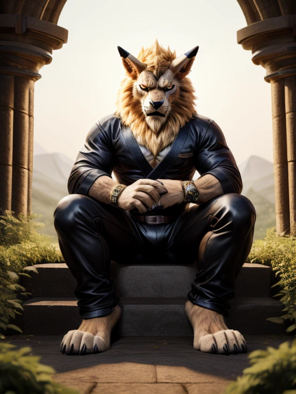 With its detailed orange fur and nice big paws, this hypnotized Leomon is a sight to behold. Its black kimono and long pants add a touch of elegance to its wild appearance as it sits in the heart of nature. Its spread legs and visible pawpads give off a sense of power and control, making it a truly captivating image.