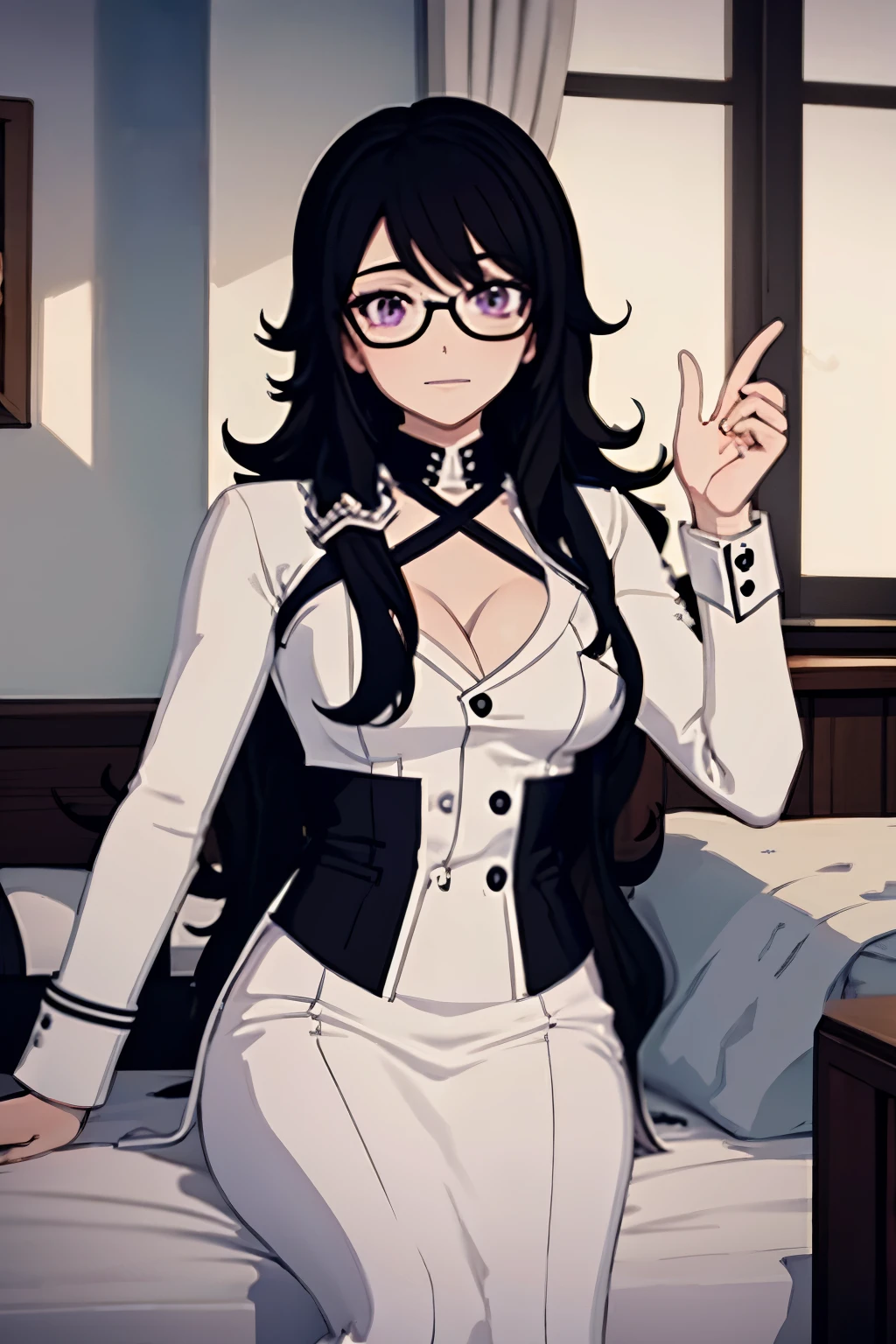 1024 X 1536, (masterpiece), maximum quality, 1girl, black hair, long wavy hair, purple eyes, large breasts, lying on bed facing up, nsfw, glasses,