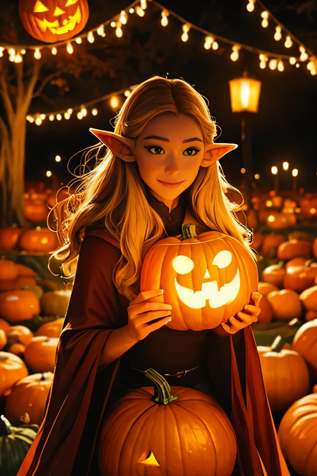 Beautiful elf holding a pumpkin lantern