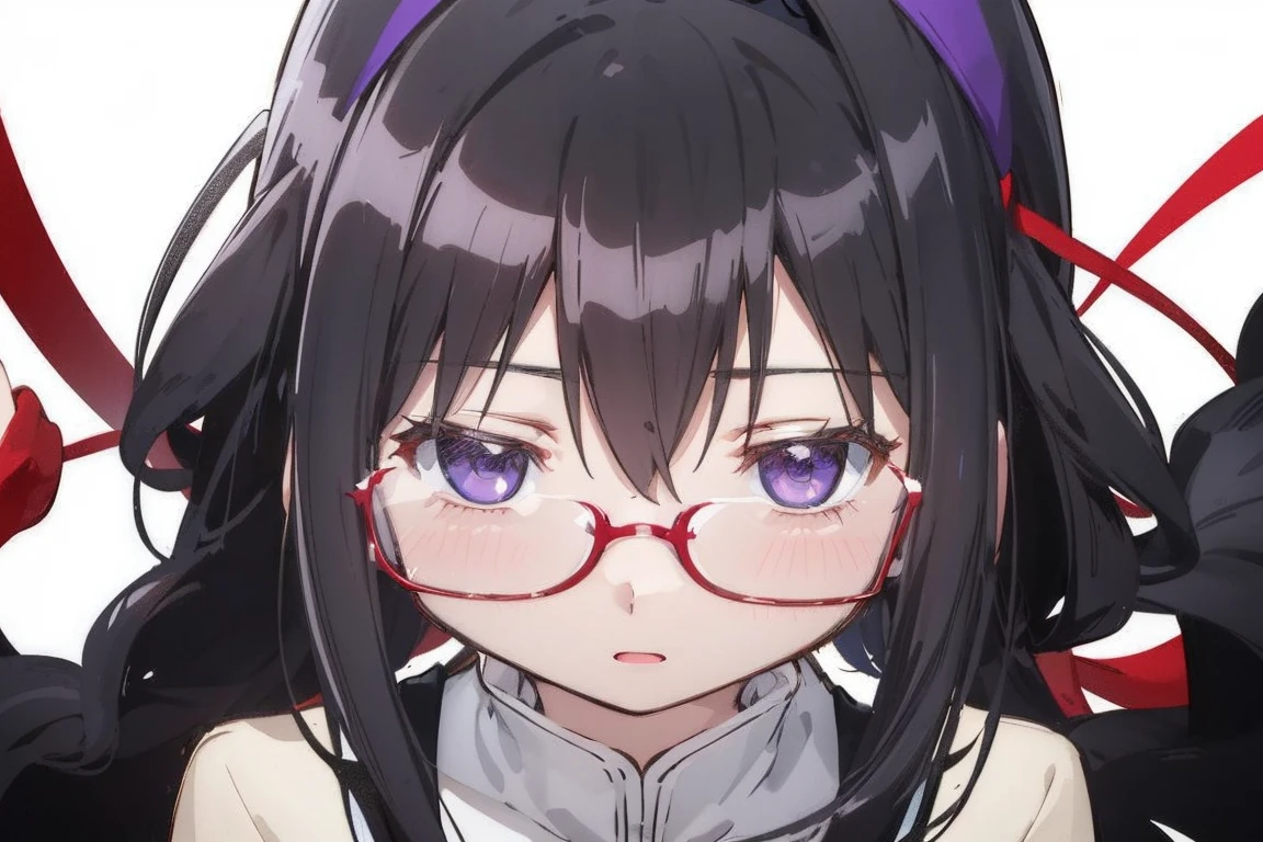 1 girl，Detailed details，purple eyes，shining eyes，straight hair,black hair、，Black headband，Red glasses，shining eyes，white background purple ribbon