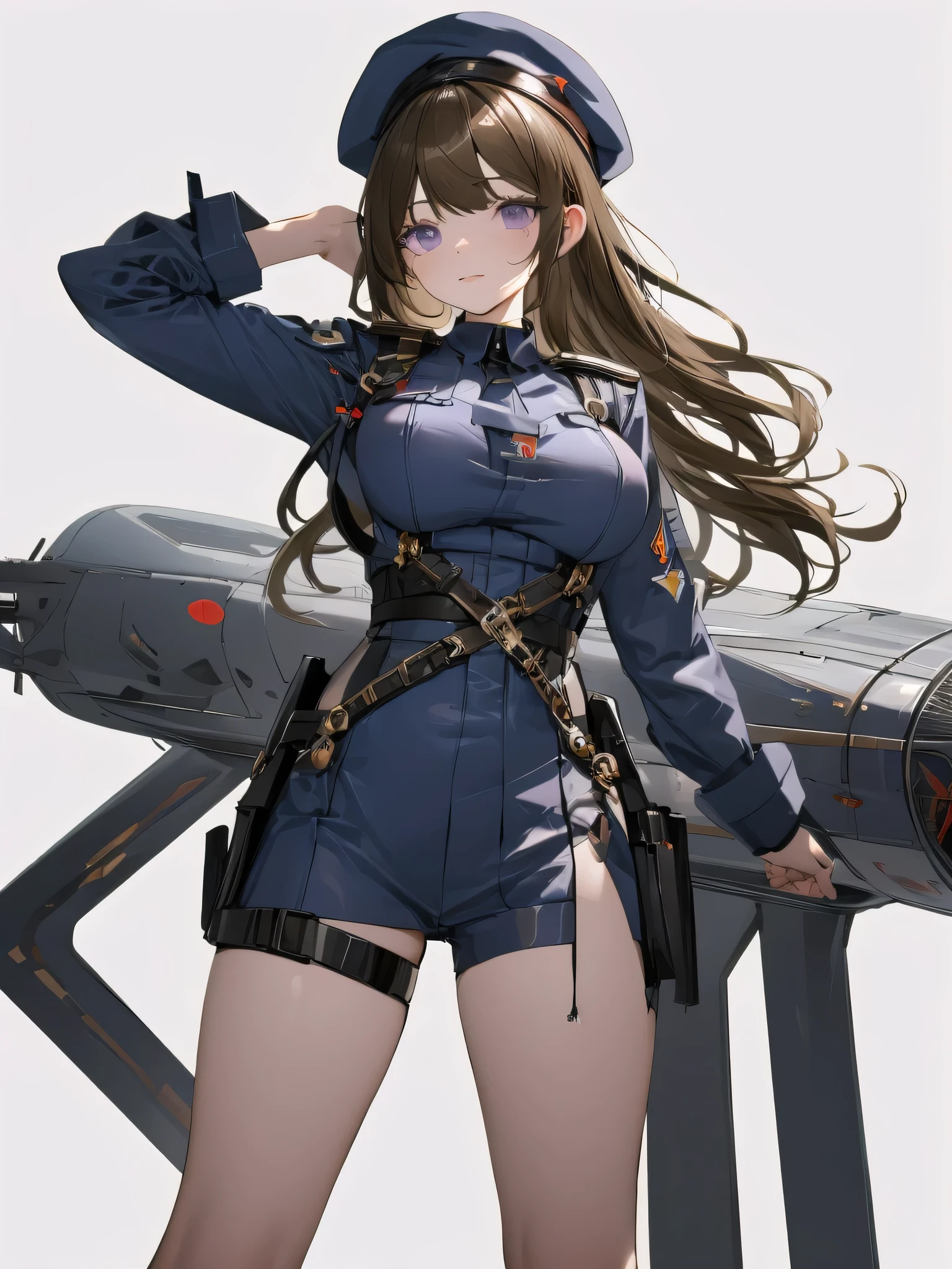 ((Best quality, 8K, Ultra-detailed, Masterpiece: 1.3)), 3 girl, Shiny skin, Sharp, Perfect body beauty, realistic shadow perfect body,("Dark grey and deep blue navy officer uniform,beret,futuristic,Transparent ":1.2),Big_Breasts ,Young girl, short girl,upper legs , indoors, White background,cleavage, standing arms down, fighter pilot harness,M legs， your ass, ("ahoge,Dark brown long hair, deep purple eyes":1.5), portrait shot,(" no background,no object":2)