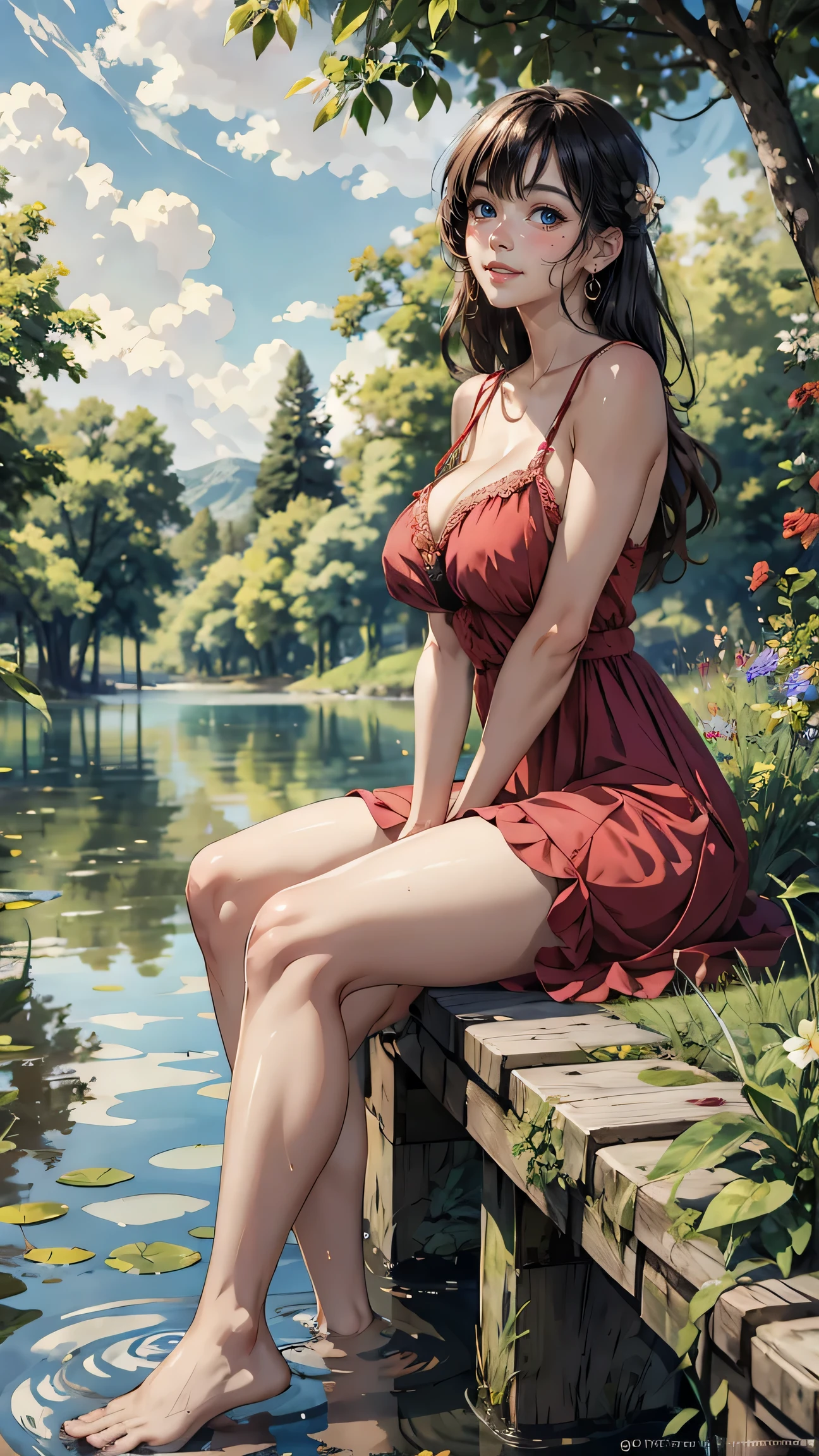 woman, sundress, sitting pose, countryside lake, perfect body, large breasts