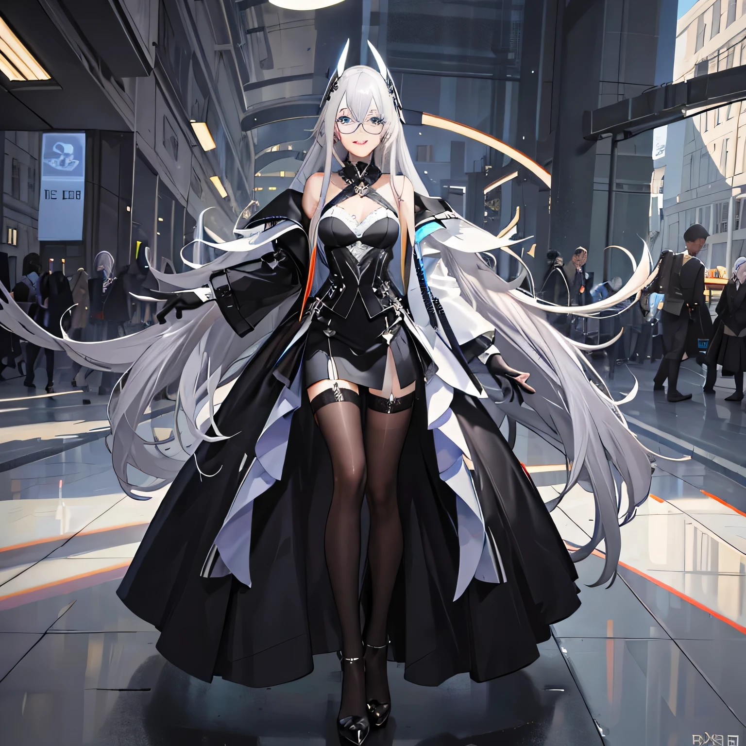 whole body, High heel, black stockings, correct limbs, correct finger, stand, silver hair, slim girl, blue eyes, Glasses, silver hair, gray hair, long hair, eyeball, lol, colorful eyes, high detail, modern, Ray tracing, Stereo view, First-person perspective, Cubist futurism, high details, masterpiece, 1080P, high resolution