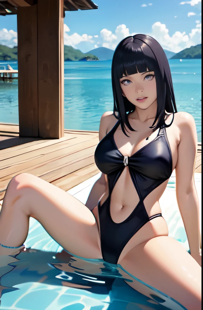 Obra maestra, gran calidad, hermosa madura, hinata hiuga, pechos medianos, piernas delgadas,cara perfecta, ojos hermosos, boca perfecta, wearing a swimsuit, en un lago, cuerpo completo, cuerpo mojado