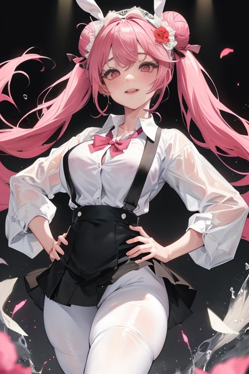masterpiece、The best、1 female student、White cloth bun bun bun、Shoulder leakage、big breasts、chubby、Smile、Black suspenders、lace leggings、light pink lips、posing at school,(Soaked all over),legs are open, solo, White polo shirt, looking at the audience, (Thick thighs:1.0),Yazawa Nico,red eyes, Blushed,Blunt hair,hands on hips,greet,Flower headdress,Large scissors