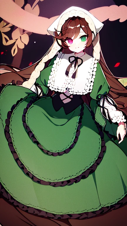 Dark green long skirt apron dress、white sling-like headdress、(My hair is long brown and curled in two parts at the back.)、(Right eye is ruby、left eye is emerald)、smile