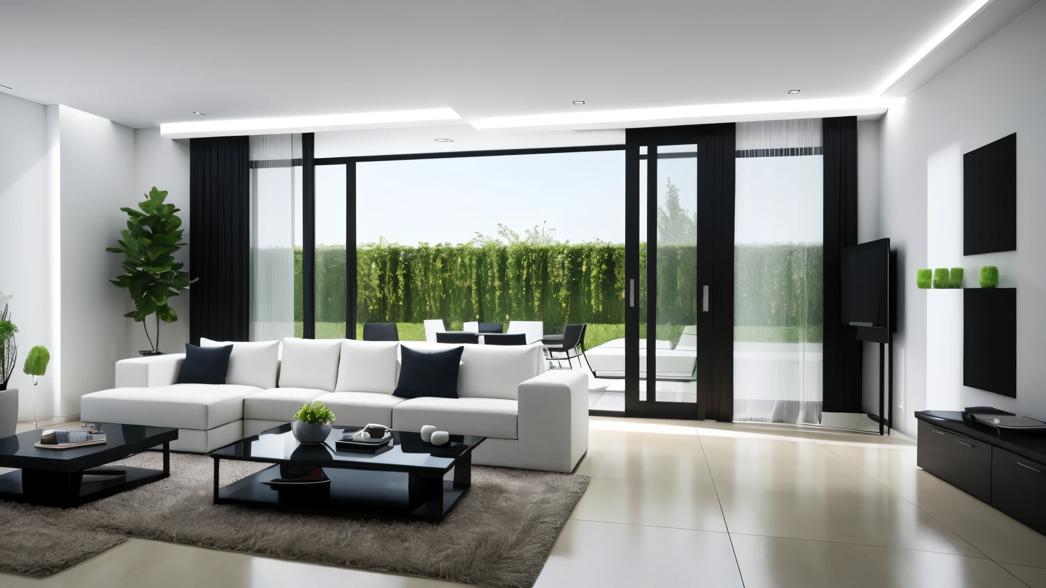 You are a famous interior designer、You have been asked to create a 3D image of a modern large room. Create a harmonious environment with modern and minimalist furniture. Including garden interior.