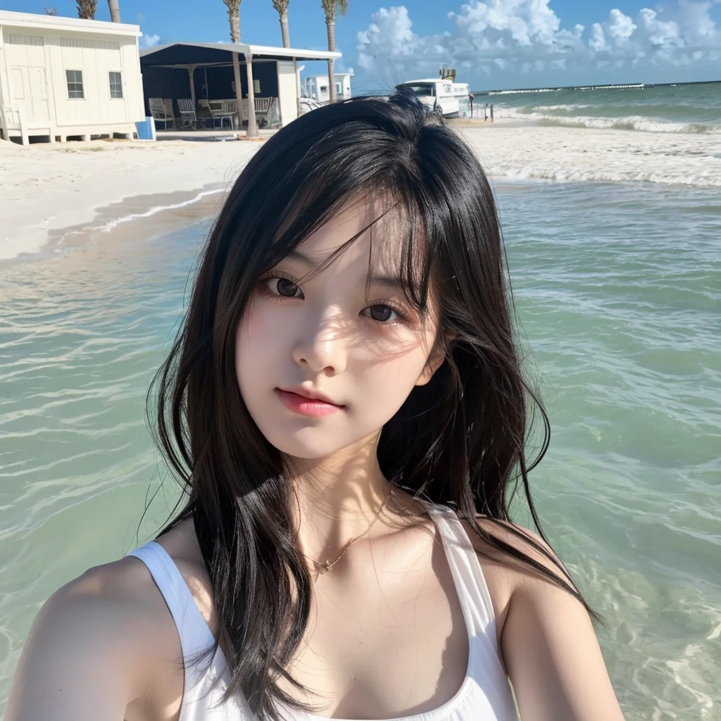 Korean girl with brown eyes black hair at beach in Florida wearing a white tank top, selfie style photo