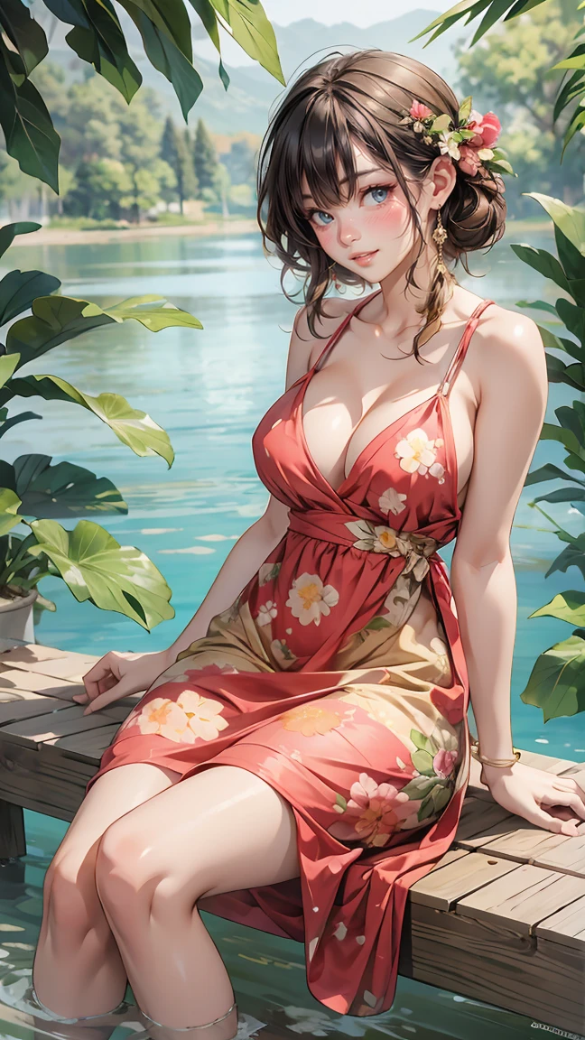 woman, printed sundress, sitting pose, countryside lake, perfect body, large breasts