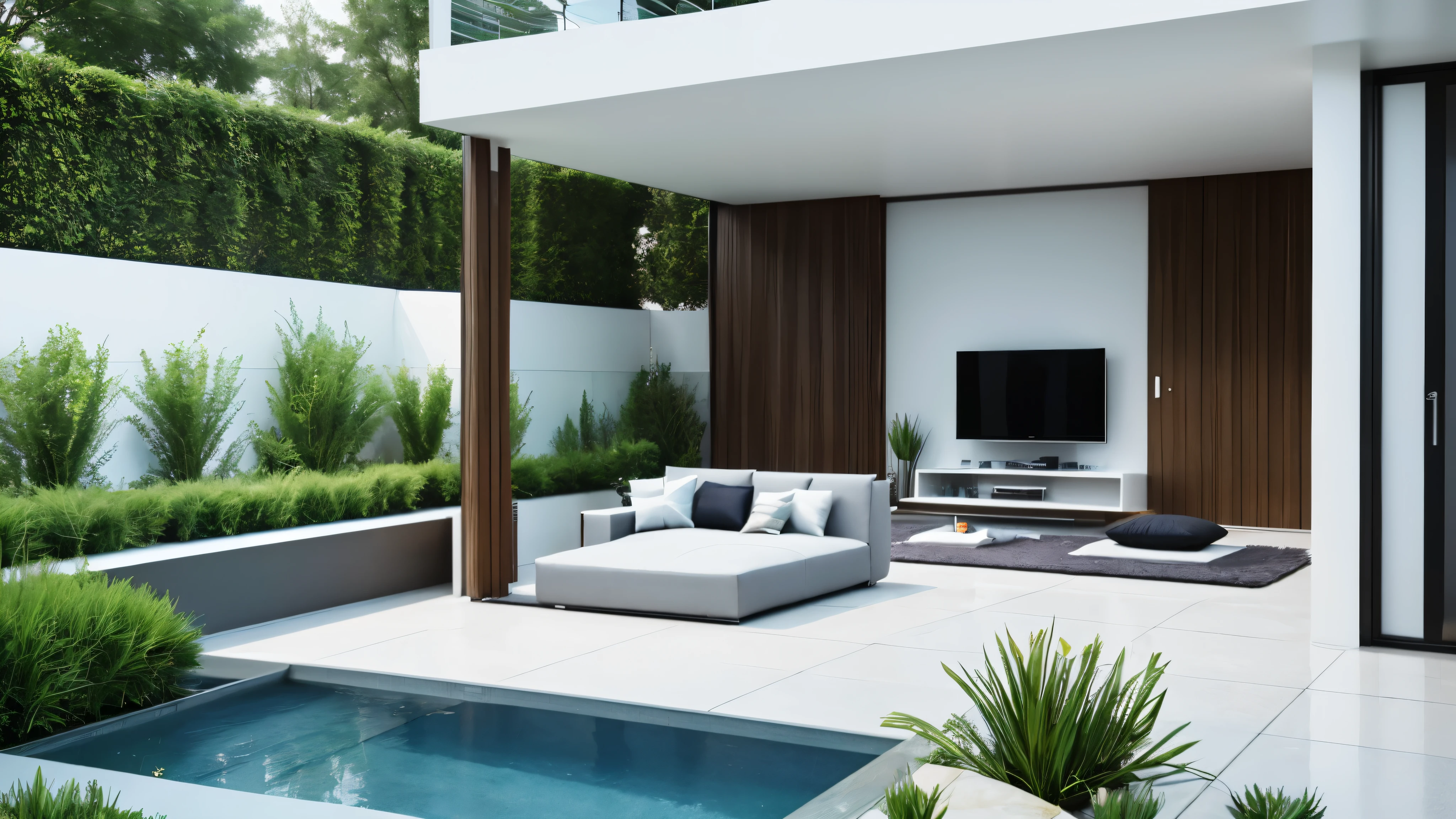 You are a famous interior designer、You have been asked to create a 3D image of a modern large room. Create a harmonious environment with modern and minimalist furniture. Including garden interior.