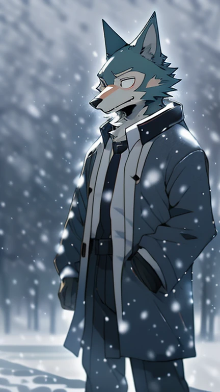 anime character in winter coat standing in snow covered park, snowing, in snow, in the snow, only snow i the background, by Shingei, kemono, cold snow outside, full body:: snow outside::, snowing outside, snowy day, legoshi from beastars, snowfall, cold snowy, anime asthetic, standing in the snow