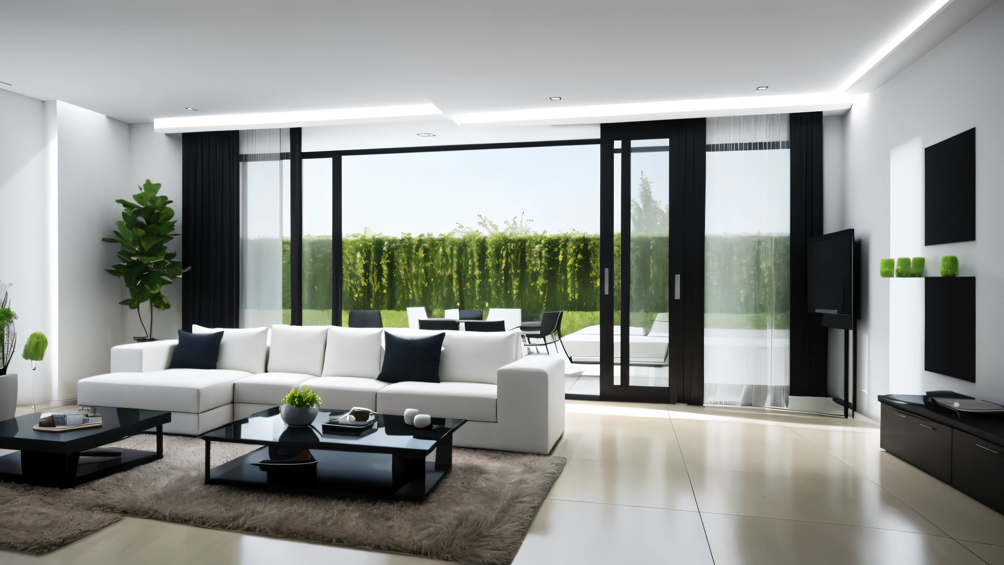 You are a famous interior designer、You have been asked to create a 3D image of a modern large room. Create a harmonious environment with modern and minimalist furniture. Including garden interior.