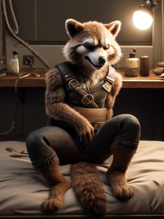 Sedated Rocket Racoon, lying on a bed in a laboratory with his legs spread, drugged with sedation from a drip, closed eyes, strapped to the bed by his wrists and ankles, a distinctly sleepy look on his face, resisting to sleep, detailed nice big paws with short claws, wears orange prison uniform, MCU vivid colour style, dark brown and gray and white fur, visible soles