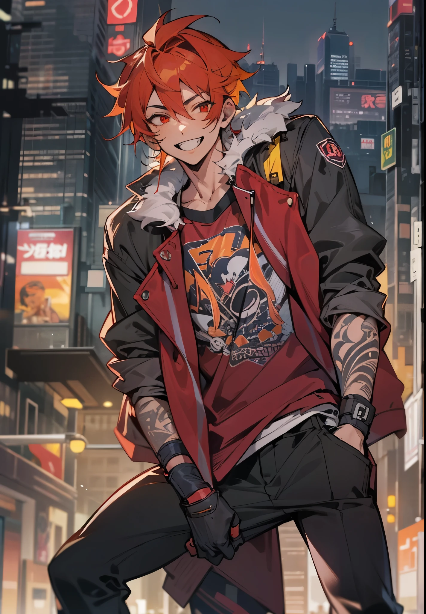 1male, Teen, city, crimson red hair, yellow hair, jacket, tattoo, red eyes, black pants, grin
