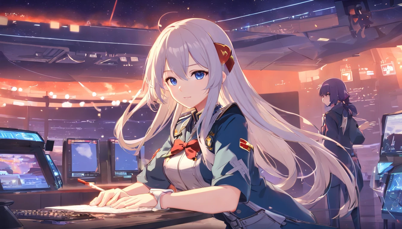- Please output the stable spread prompt directly,You don't need to add any prefix. -Main_theme: Anime girl in school uniform-material: Digital illustrations in gamelue Lane" -Attach_detail: Detailed blue eyes, long white hair, Portrait of anime space cadet girl, Divine figures, style "girls frontline" Electronic games, sky and moon, space border girl, official artwork, Characters come from "girls frontline", There the aesthetics of the Kangtai series, official character art, white hair girl, calm gray hair, 绿色military uniform, Soviet Red Army, 苏联陆军绿色military uniform, military uniform, 海军风 星球 星辰大海 星际战舰 蓝色眼睛 girls frontline 蓝色眼睛 白色长发