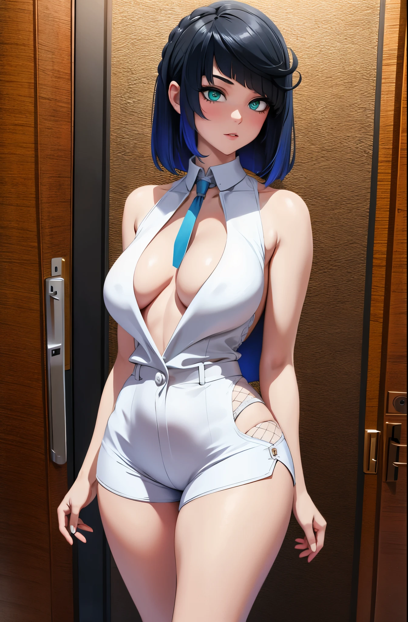 perfect hands, proportional hands, perfect body, sensual cleavage, medium breasts, feminine suit and tie, wearing tight white shorts, biker shorts, Ultra HD, 4k image, best image quality, (fidelity: 1.4), photoreal, light green eyes , eyelashes, beautiful pupil, shadows, slight blush, delicate facial features, reasonable facial features, exposed waist, natural poses, butt facing the viewer, girl with her back looking to the side