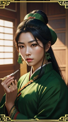 oriental、Ancient Chinese in green clothes、ancient chinese hairstyle man、ancient chinese turban man、three kingdom、multiple warlords、highest quality、masterpiece、ultra high resolution、(Photoreal:1.4)、game poster、inside the house、Upper body、highest quality、masterpiece、ultra high resolution、(Photoreal:1.4)、game poster